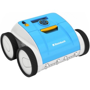 Steinbach Poolrunner Battery Pro: Akku-Poolroboter in Blau und Weiß mit Rädern.