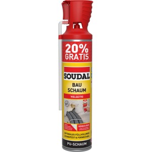 Soudal Bauschaum B2 mit Genius Gun, 600ml Dose mit rotem Aufsatz und Aktionshinweis.