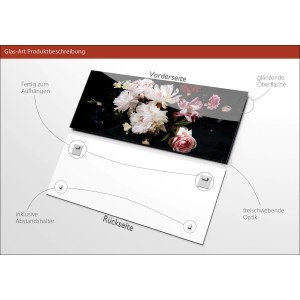 Pro Art Glasbild Baroque Flowers II, 80x30 cm, Detailansicht mit Aufhängung und Abstandshaltern.