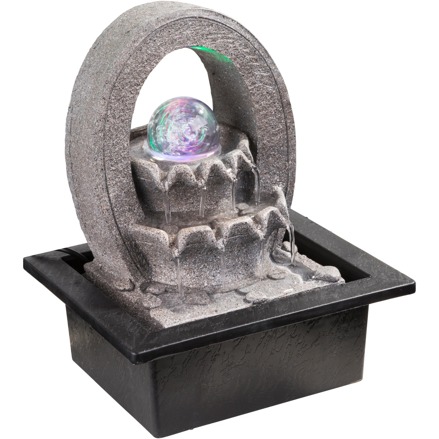 Grauer LED-Tischbrunnen Albert von Globo, mit RGB-Farbwechsel, für entspannende Atmosphäre.