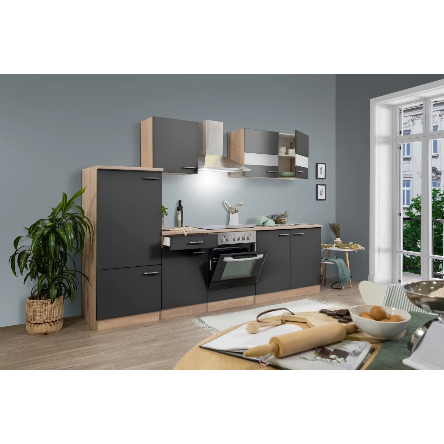 Respekta Küchenzeile KB270ESGC in Grau-Eiche Optik mit E-Geräten und viel Stauraum.