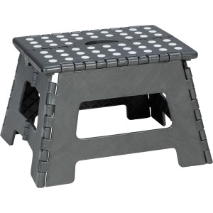 Faltbare, anthrazitfarbene Fußbank mit weißen Punkten, ideal als Tritt für Haus, Garten und Garage.