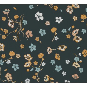 Moderne schwarze Blumentapete mit floralem Muster in Blau, Gelb und Weiß für Wohn- und Schlafzimmer.