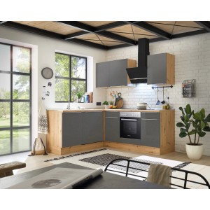 Respekta Winkelküche Marleen 220 cm in Artisan-Eiche und Grau Matt mit E-Geräten.