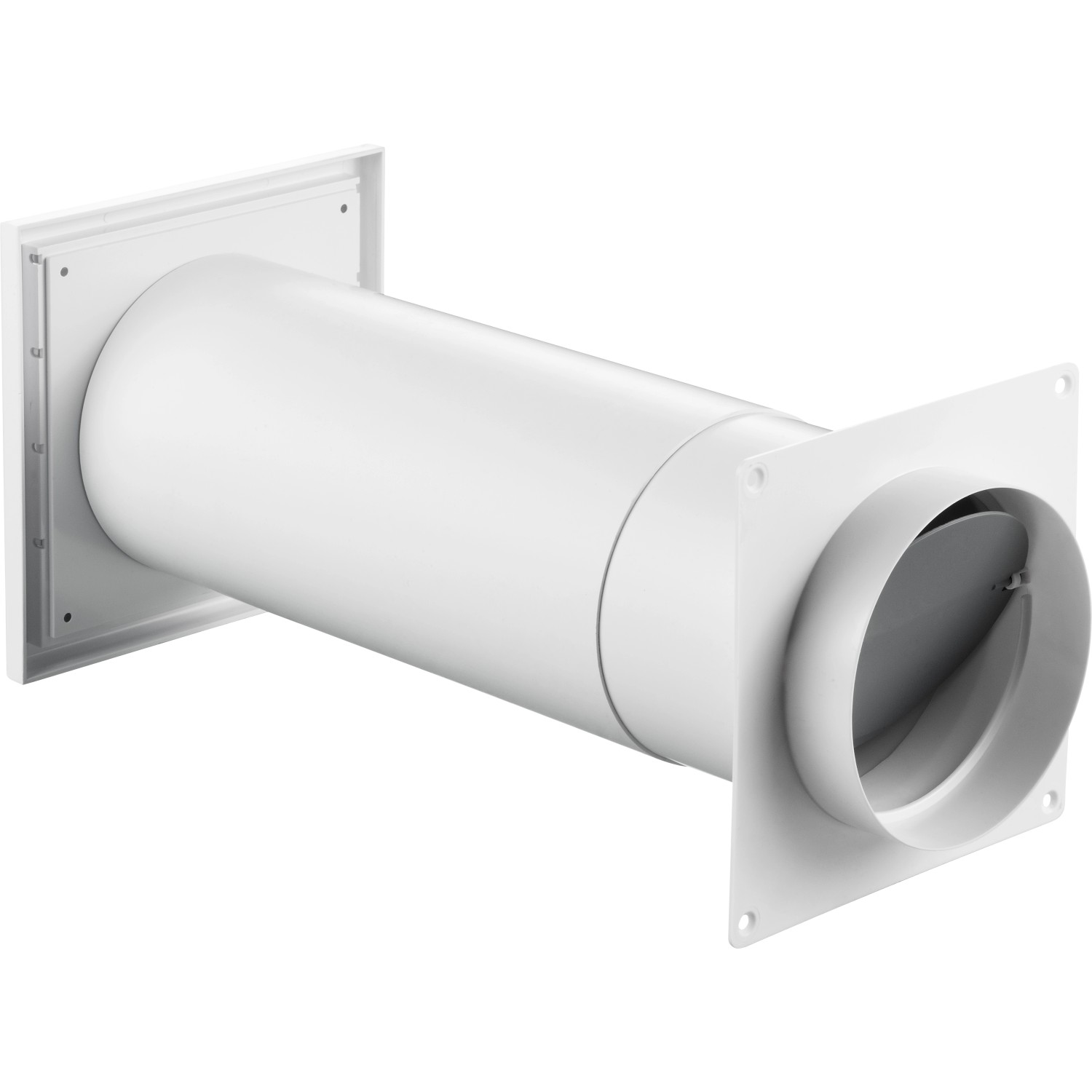 Weißer Teleskop-Mauerkasten mit Rundrohranschluss System 125 für Mauerlüfter.