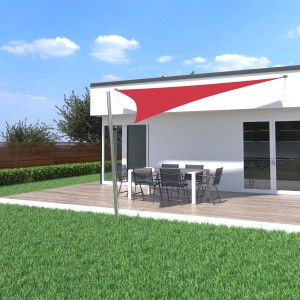 Weinrotes Toldoro Sonnensegel Komplettset spendet Schatten auf Terrasse mit Esstisch und Stühlen.