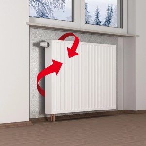 Climapor Dämmplatte 6 mm alubeschichtet hinter Heizkörper mit roten Wärmereflexionspfeilen.