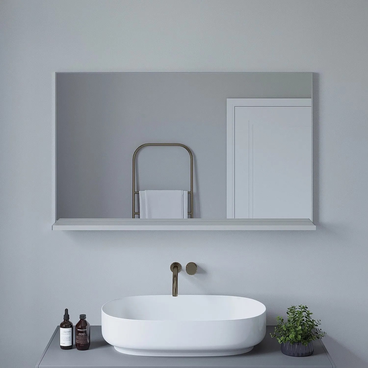 Rechteckiger Aquabatos Badspiegel 100x60 cm mit Ablage und silber mattem Aluminiumrahmen.