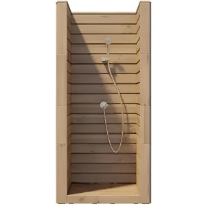 FinnTherm Gartendusche M aus Thermoholz mit Seitenwänden für Wind- und Sichtschutz.