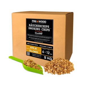 PINI Räucherchips Erle 5 kg, 6-12 mm, in Kartonverpackung mit Holzspänen und Schaufel für Grill & Smoker.