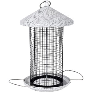 Dobar Futterspender Smooth, weiß/schwarz, aus Metall. Vogelfutterhaus mit Gitter und Sitzstangen.
