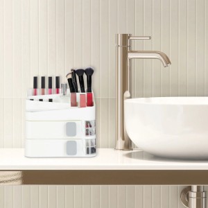Weißer Relaxdays Make-Up Organizer mit Schubladen und Kosmetik auf einem Waschtisch.