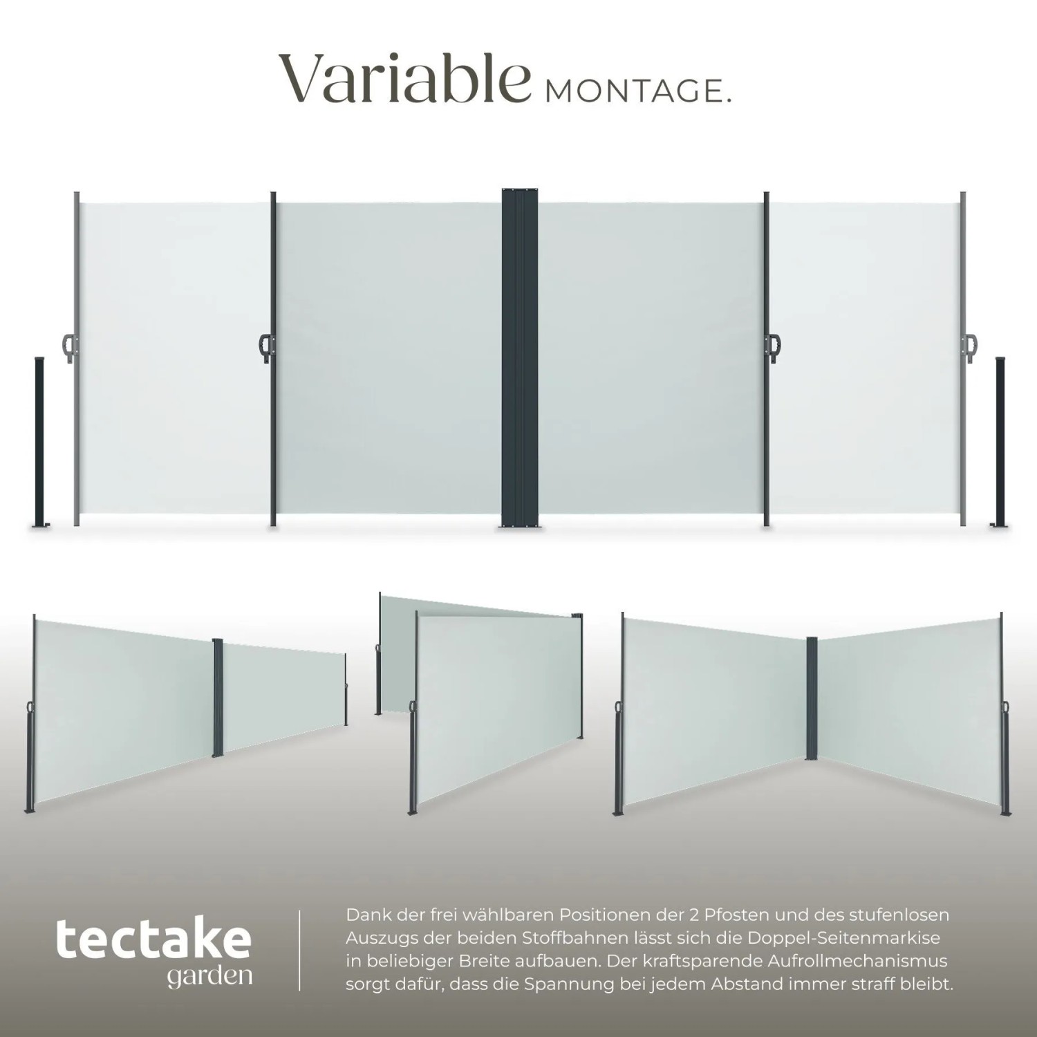 Tectake Doppel-Seitenmarkise in Grau, variabel montierbar als Sicht- und Sonnenschutz für Terrasse und Garten.