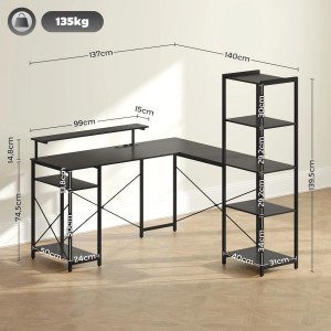 Schwarzer HOMCOM Eckschreibtisch aus Spanplatte und Metall mit Regalen und Monitorständer.