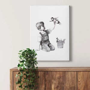 Modernes Leinwandbild mit Zeichnung eines Jungen mit Superhelden-Puppe, schwarz-weiß, für Wohn- und Jugendzimmer.