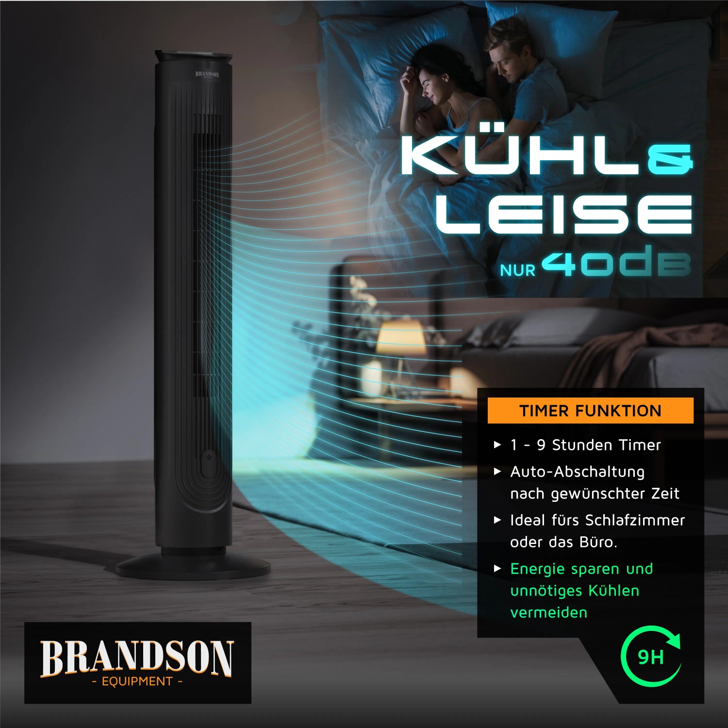 Brandson Turmventilator 105cm im Schlafzimmer mit Timer-Funktion und Aromafach.