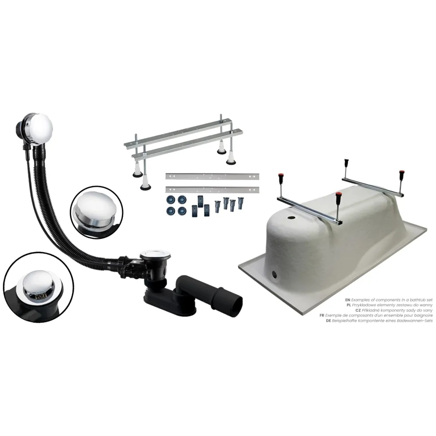 Bad Land Eckbadewanne MEGA 160x105 links mit Zubehör wie Ablaufgarnitur und Füßen.