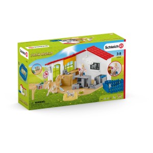 Verpackung der Schleich Farm World Tierarzt-Praxis mit Tierärztin, Fohlen, Dalmatiner, Katze, Kaninchen und Zubehör.