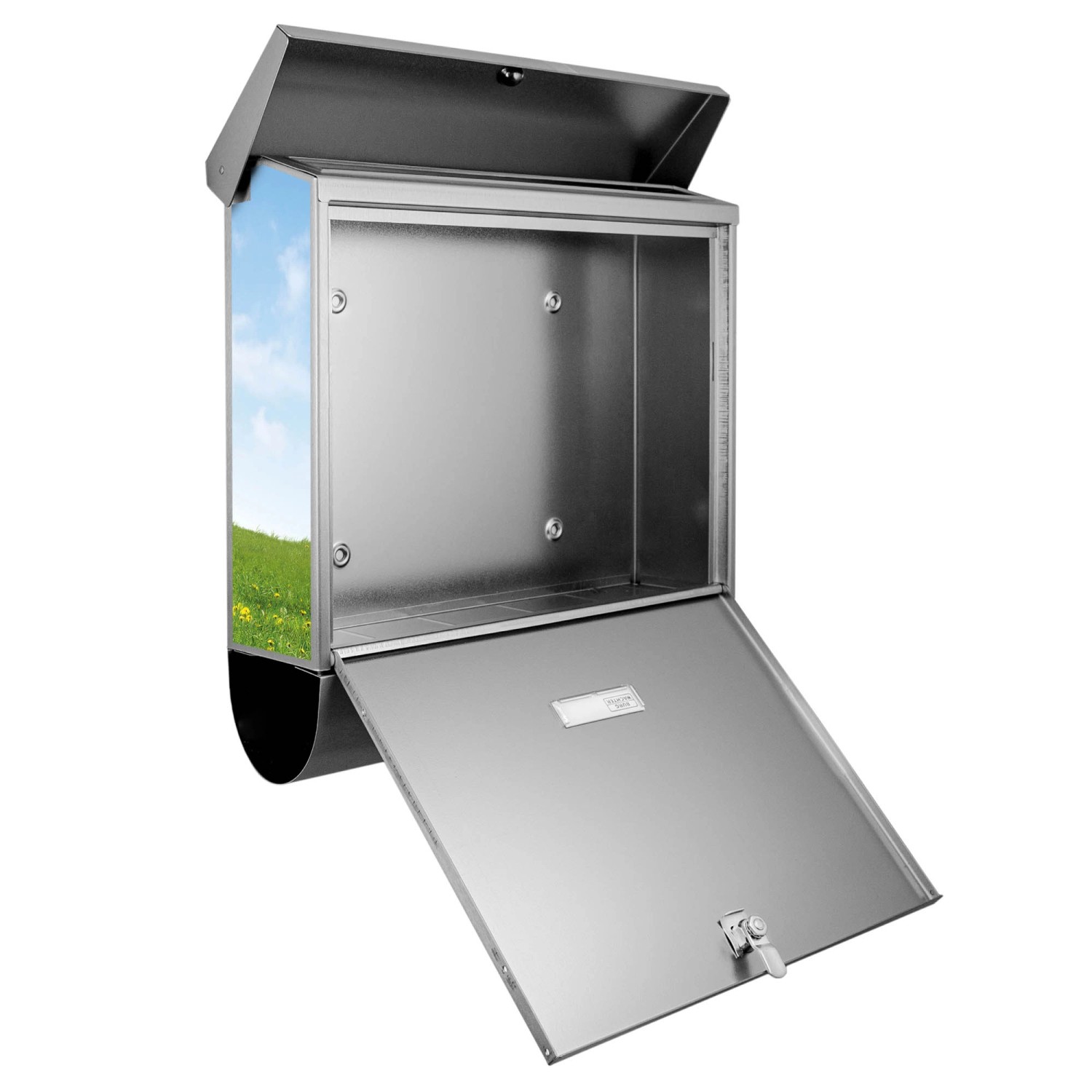 Offener Banjado Edelstahl Briefkasten mit Pferde-Motiv und Zeitungsfach.