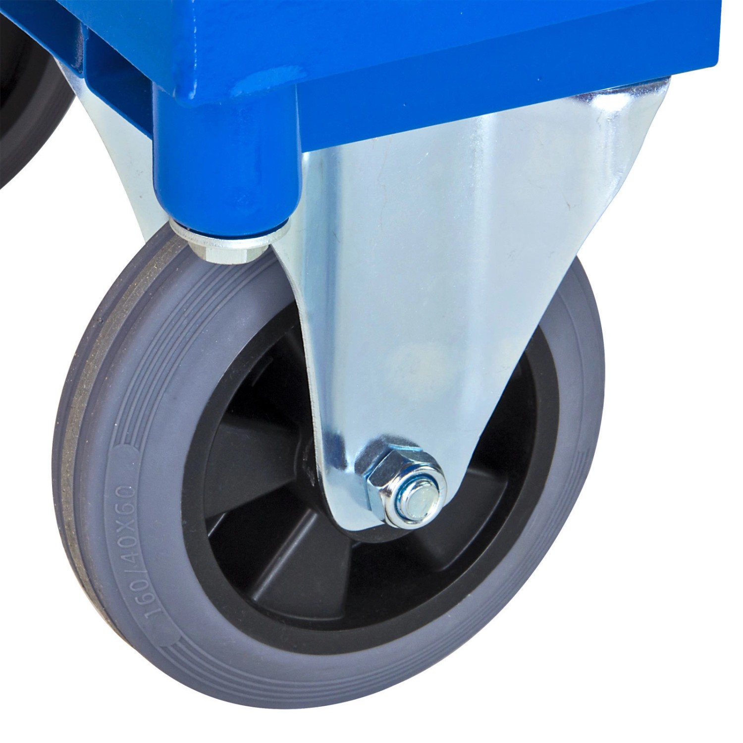 Detailaufnahme: Rad des PROREGAL Transportwagens, blaues Gestell, graues Vollgummi-Rad mit schwarzer Felge.