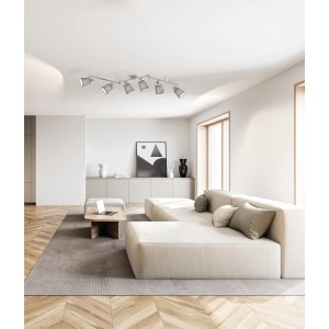 Nickelfarbene, 6-flammige Fischer & Honsel Deckenleuchte Jeff mit grauen Stoffschirmen im Wohnraum.