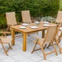 7-teiliges Gartenmöbel-Set Capri aus Akazienholz mit Doppelausziehtisch und Polyrattan-Sesseln.