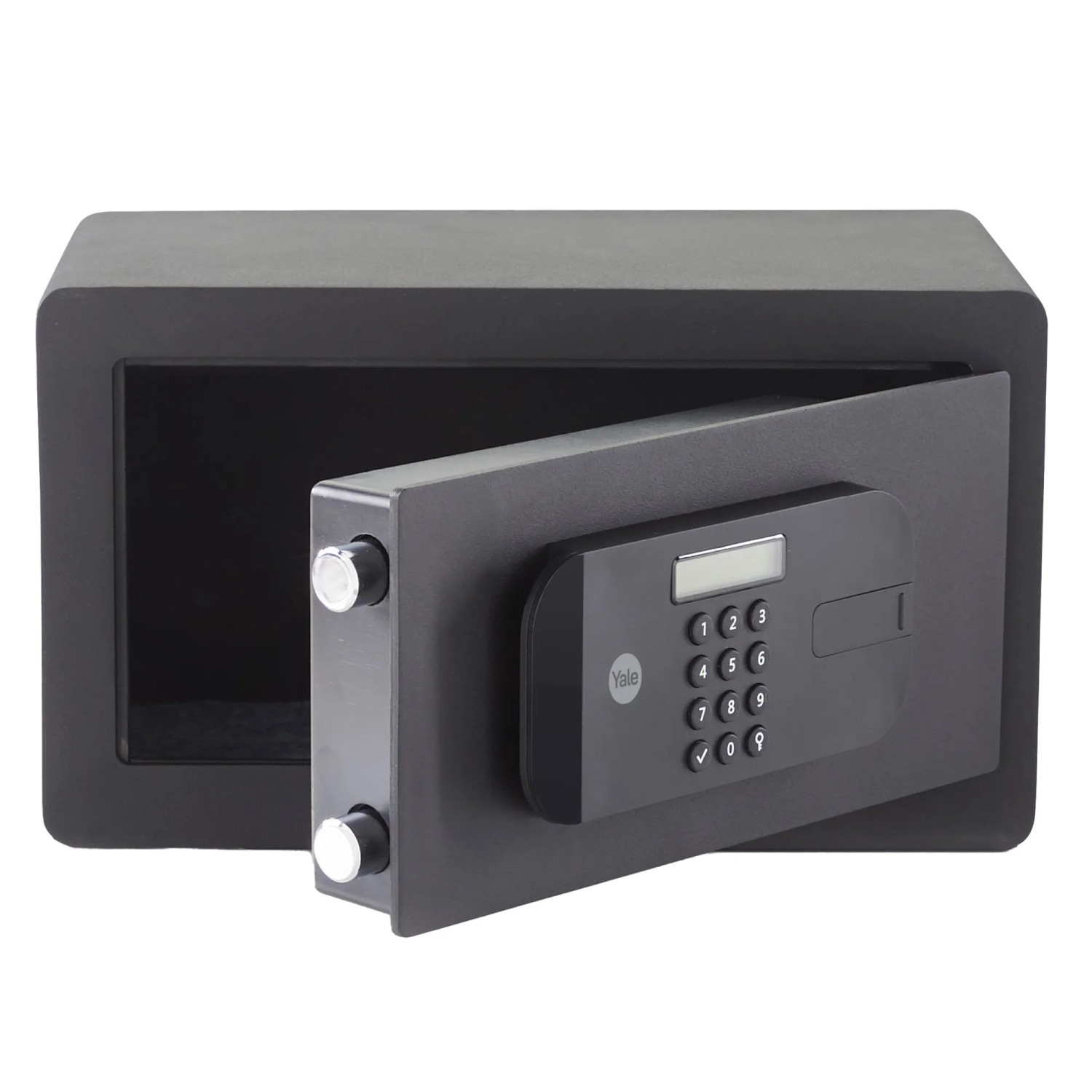 Offener, schwarzer Yale Tresor High Security Safe mit digitalem Tastenfeld.
