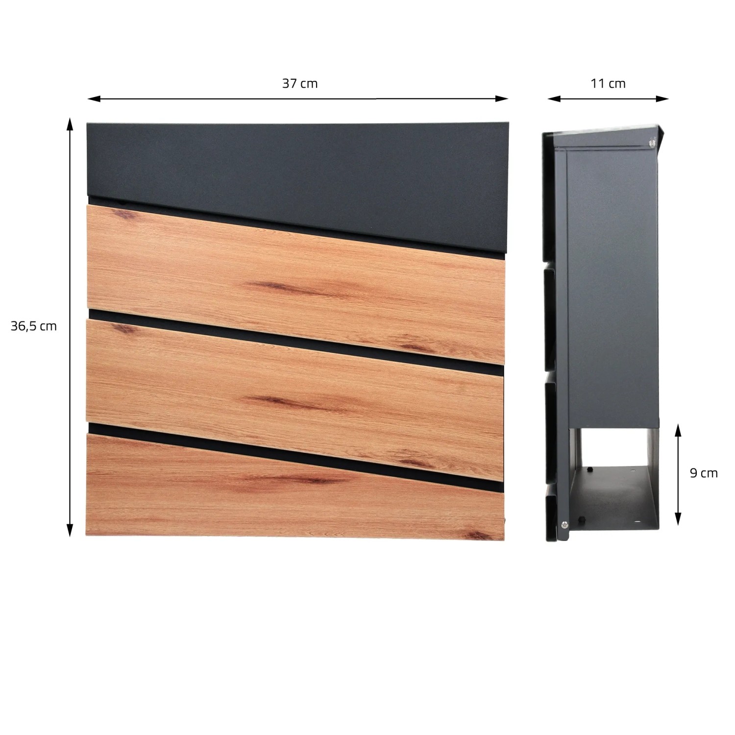 ML-Design Briefkasten, 37x36,5x11 cm, mit Zeitungsfach, Anthrazit/Holzoptik, Stahl.