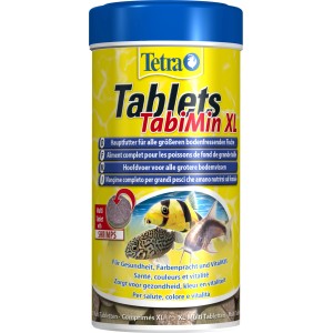 Tetra Tablets TabiMin XL Fischfutter für Bodenfische, 133 Tabletten im gelben Behälter.