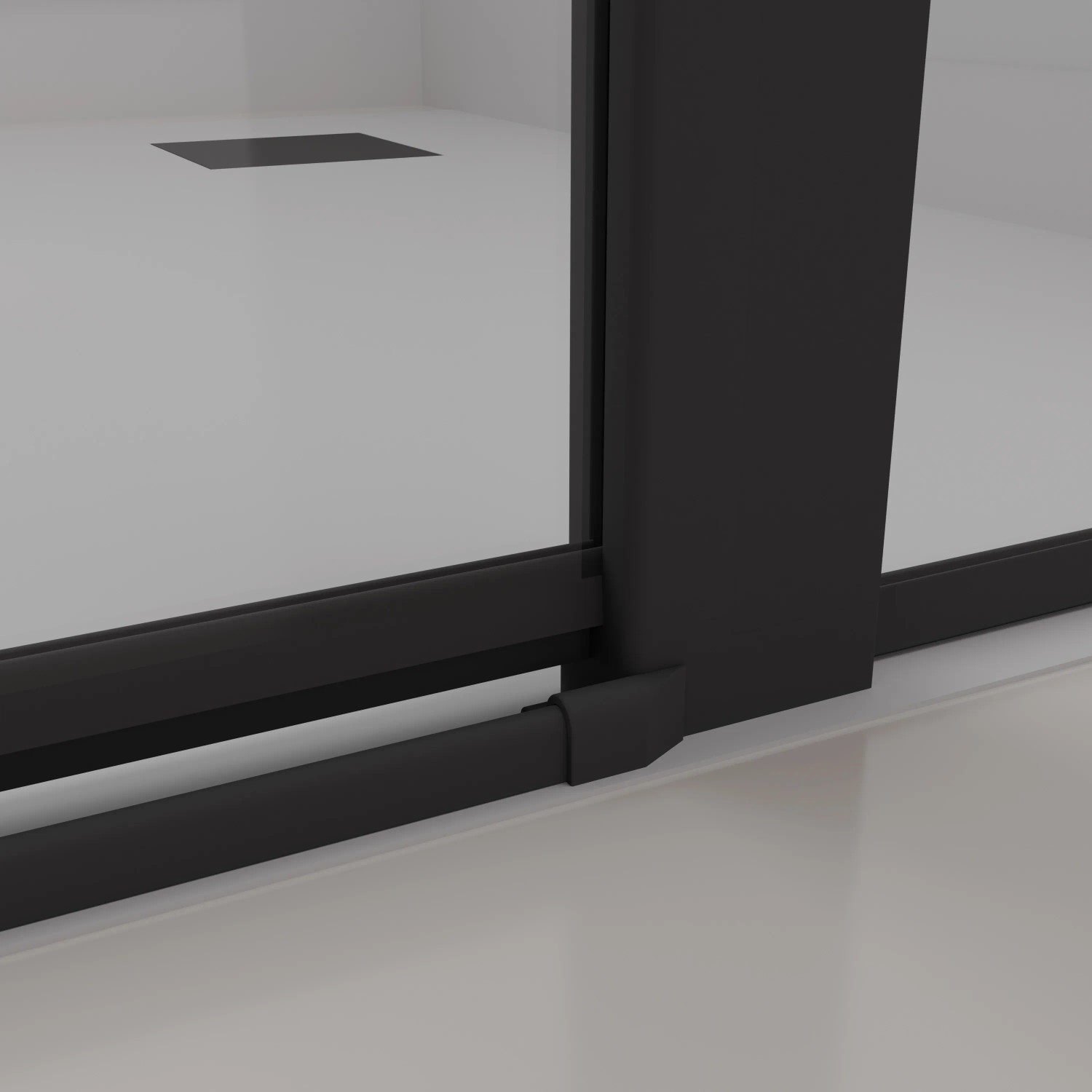 Detailaufnahme der schwarzen, rahmenlosen baliv Duschkabine DUK-90.51E (90x90 cm).