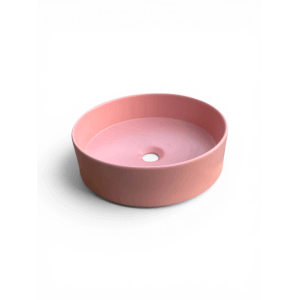 Rundes rosa Keramik Aufsatzwaschbecken, 42 cm Durchmesser. Glatte Oberfläche, modernes Design für Ihr Bad.