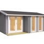 Lichtgraues Lasita Maja Gartenhaus Hampshire aus Holz mit Doppeltür, Fenstern und großem Dachüberstand auf Holzdeck.