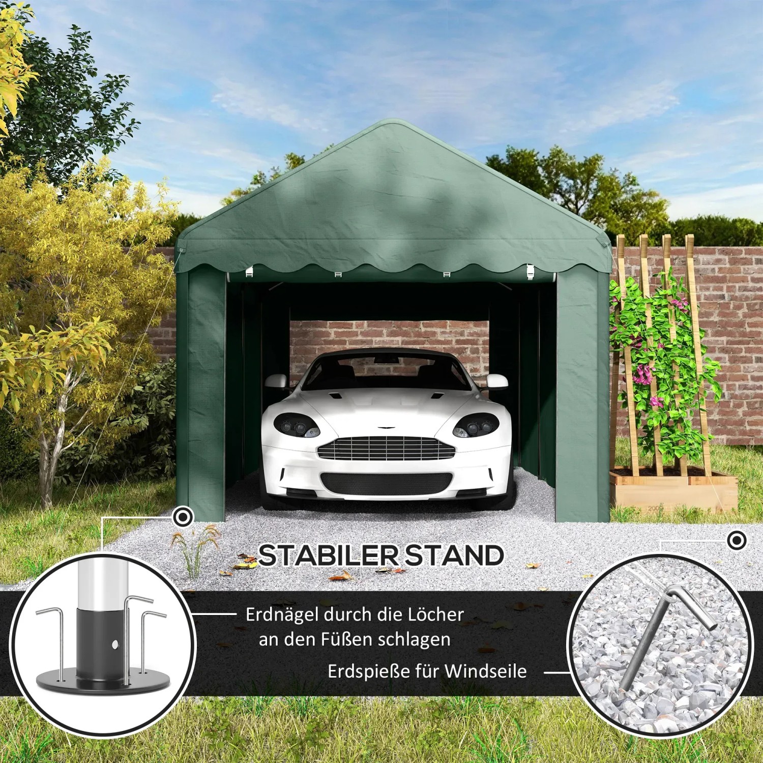 Outsunny Carport Stahl Zeltgarage, grün, mit Auto. Robuster Unterstand für Fahrzeuge und mehr.