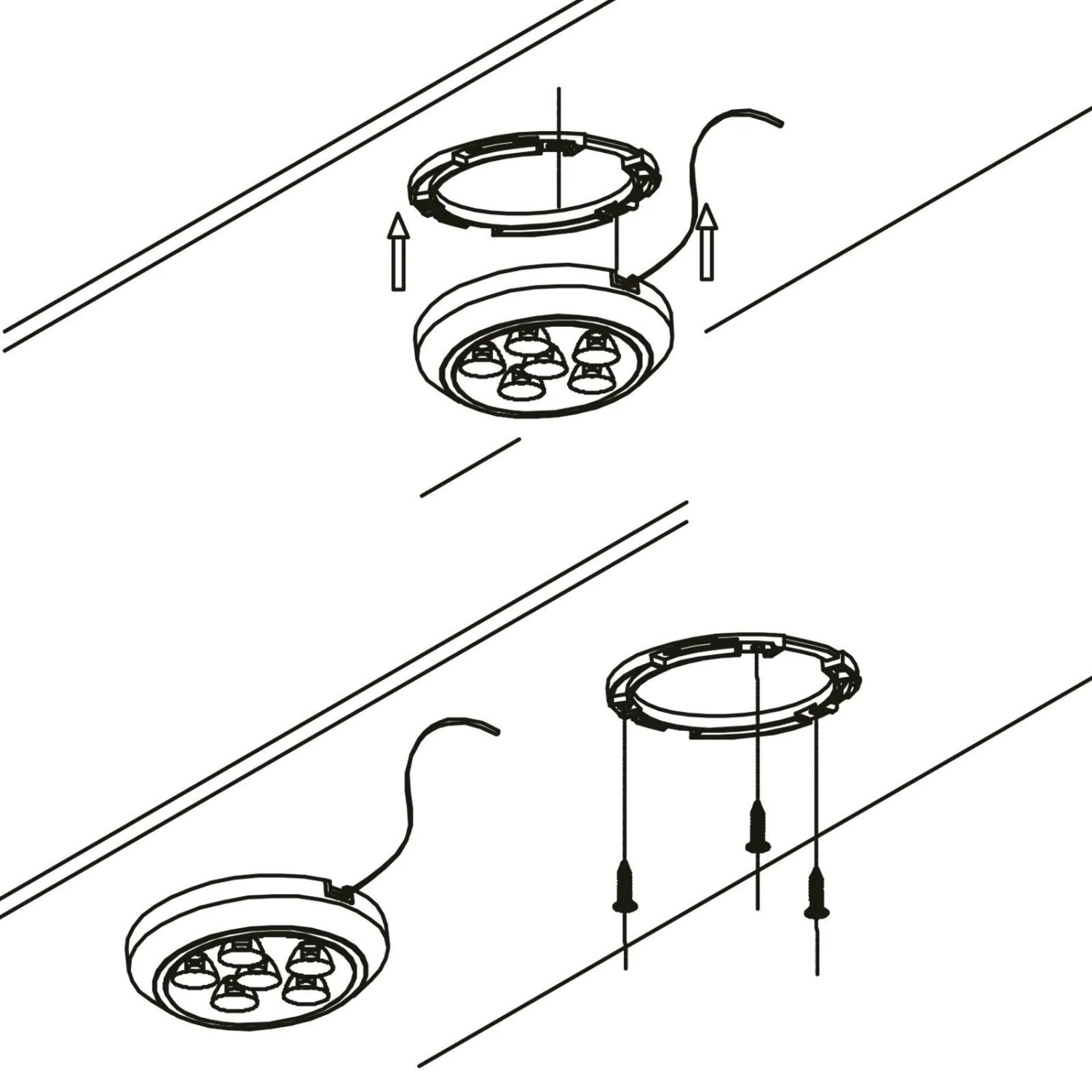 Montageanleitung SOTECH LED Aufbauleuchte ABILA. Runde Unterbauleuchte mit Ring und Schrauben zur einfachen Installation.