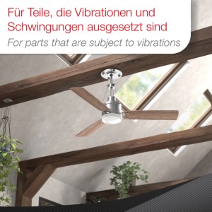 SOTECH M8 Stoppmutter für vibrationsanfällige Teile, dargestellt am Deckenventilator an Holzbalken.