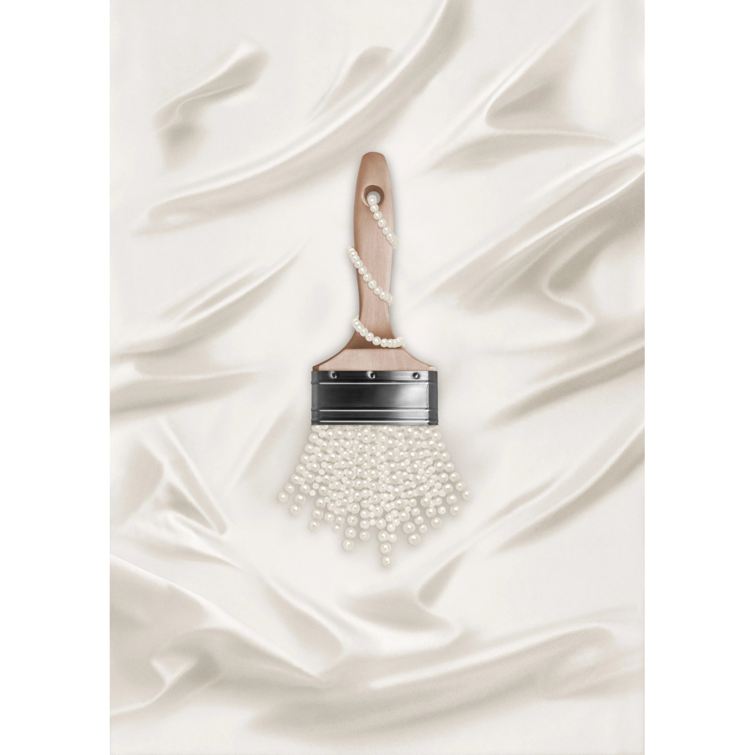 Schöner Wohnen Trendfarbe Pearl Farbtester mit Pinsel und Perlen auf Stoff.