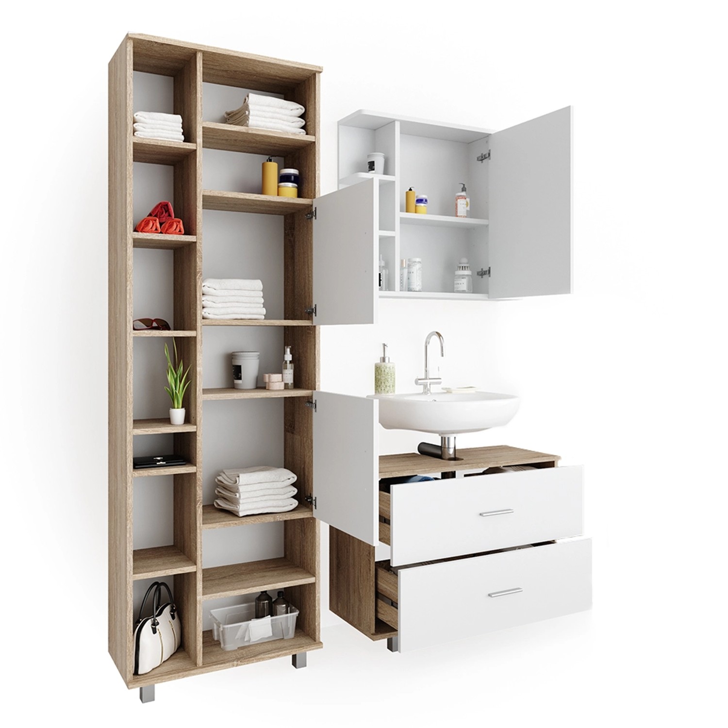 Vicco Badmöbel-Set Ilias, 3-teilig in Sonoma/Weiß mit Unterschrank (80 cm), Spiegelschrank und Hochschrank.