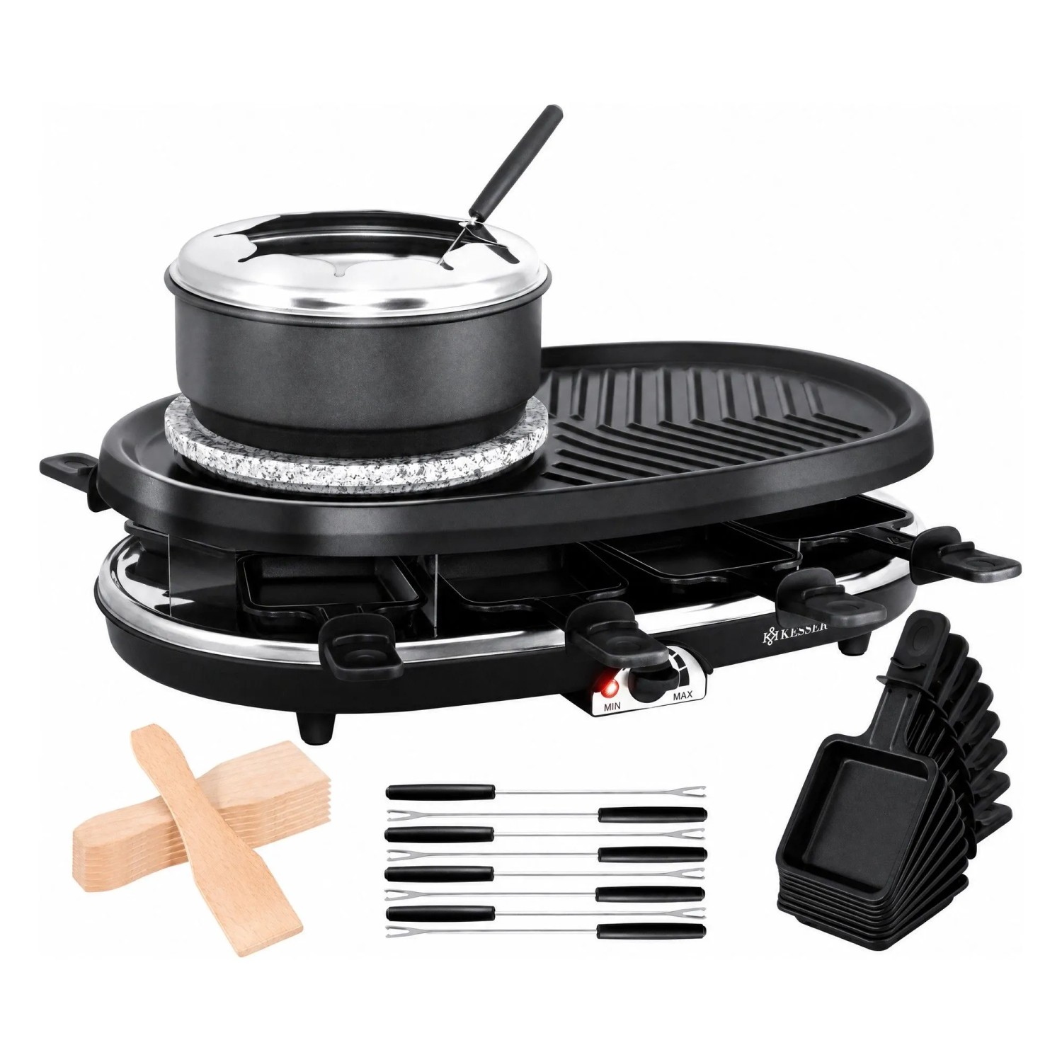 KESSER Raclettegrill 3 In 1 Naturgrillstein für 8 Personen inkl. Fondue Schwarz