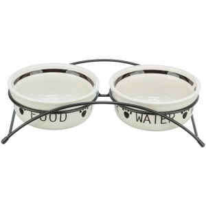 Trixie Hundenapf-Set mit zwei weißen Keramiknäpfen und schwarzem Metallgestell.