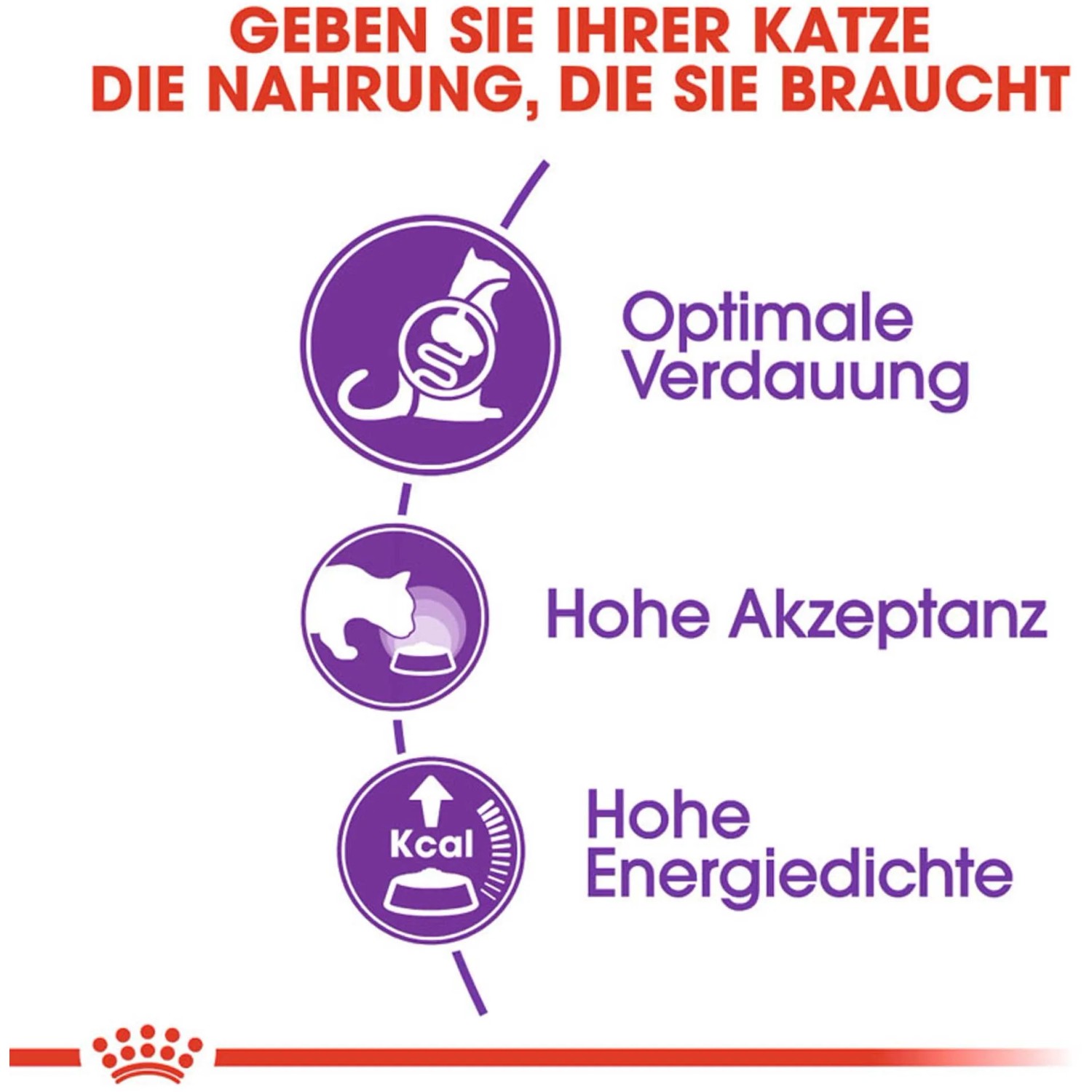 Grafik: Royal Canin Sensible Katzenfutter Vorteile: Verdauung, Akzeptanz, Energiedichte.
