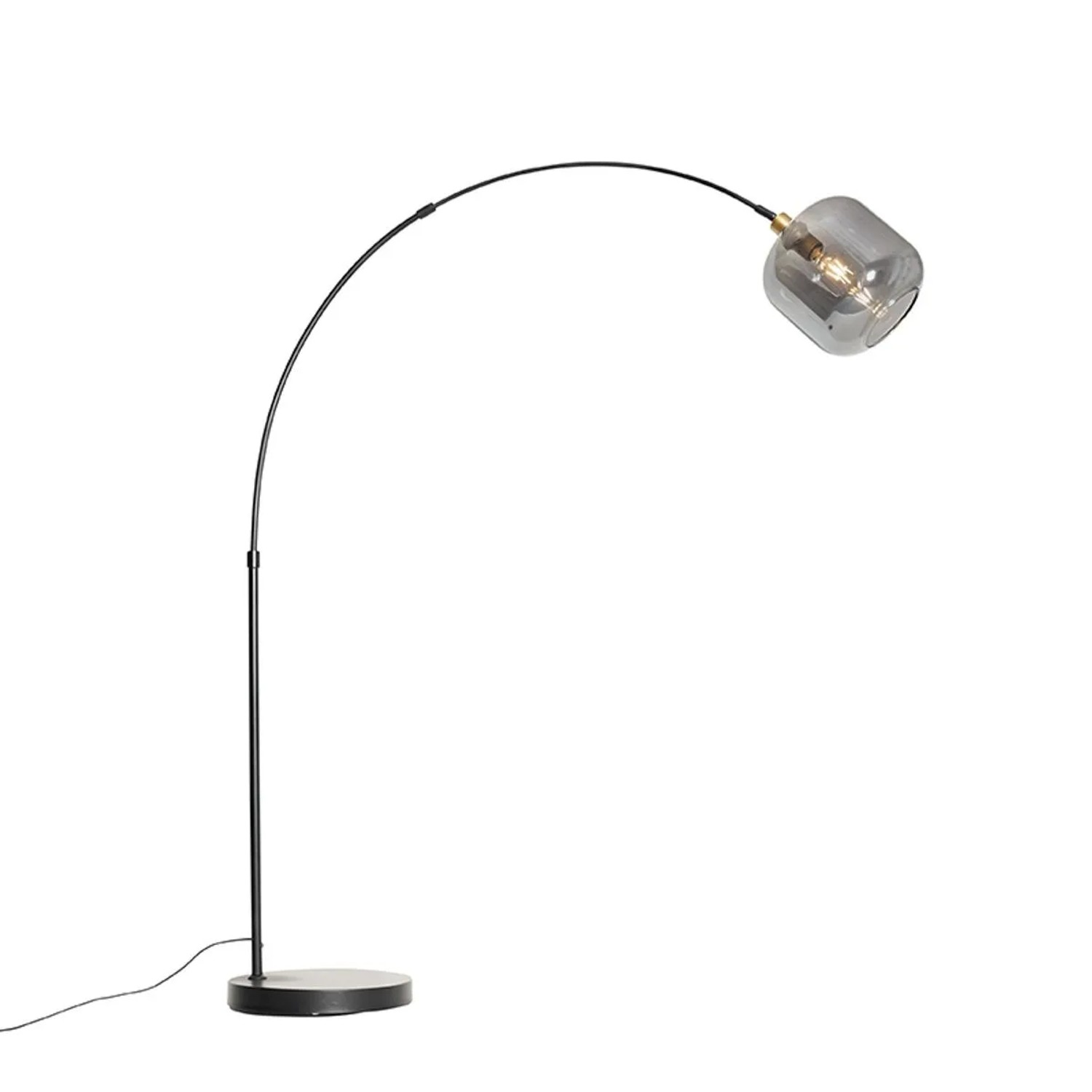 Schwarze Bogenlampe Zuzanna mit Rauchglas und goldenen Details für Innenräume.