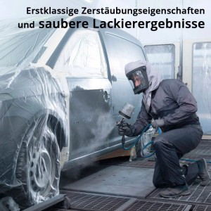 Person lackiert Autotür mit STAHLWERK HVLP Lackierpistole. Präzise Sprühpistole für professionelle Lackierung von Fahrzeugen.