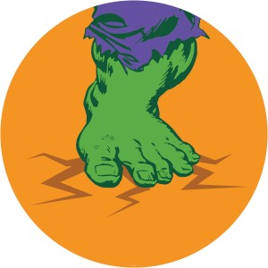 Selbstklebende Vliesfototapete: Hulk Fuß im Pop Art Stil auf orangefarbenem Grund.