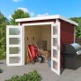 Lasita Holz-Gartenhaus Zambezi in Schwedenrot mit geöffneten Türen und Gartengeräten.