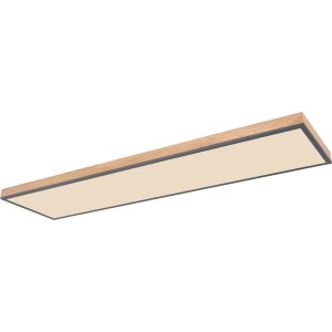 Rechteckige LED-Deckenleuchte Doro in Graphit/Holzoptik, dimmbar und mit Fernbedienung.