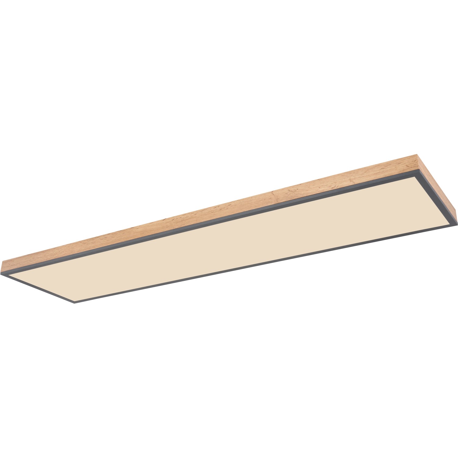Rechteckige LED-Deckenleuchte Doro in Graphit/Holzoptik, dimmbar und mit Fernbedienung.
