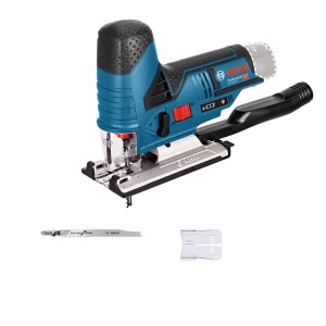 Bosch Professional Akku-Stichsäge GST 12 V-70 in Blau/Schwarz mit Sägeblatt und Spanreißschutz für präzise Schnitte.