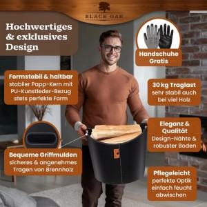 BLACK OAK Holzkorb DAKOTA L 40L mit Handschuhen – Kaminholzkorb aus Kunstleder für Innenbereich Stabil & Elegant in Schwarz