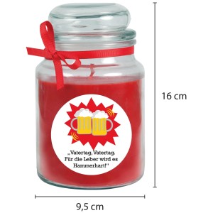 HS Candle Duftkerze Vatertag Rose Rot im Glas mit Bierkrug Motiv und roter Schleife.