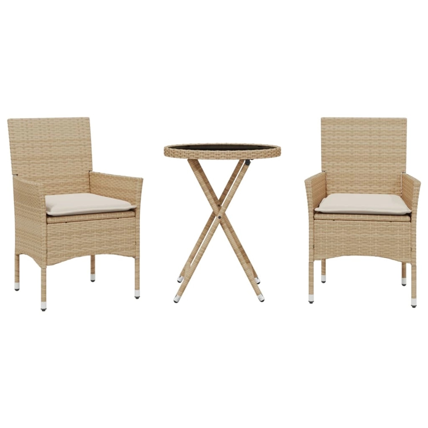 vidaXL 3-Tlg Bistro-Set mit Kissen Beige Poly Rattan und Glas 3278752